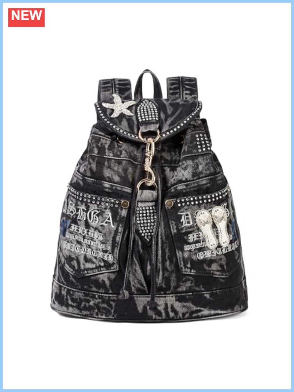 Denim Backpack with Rhinestone Decorations Casual Daypack Purse